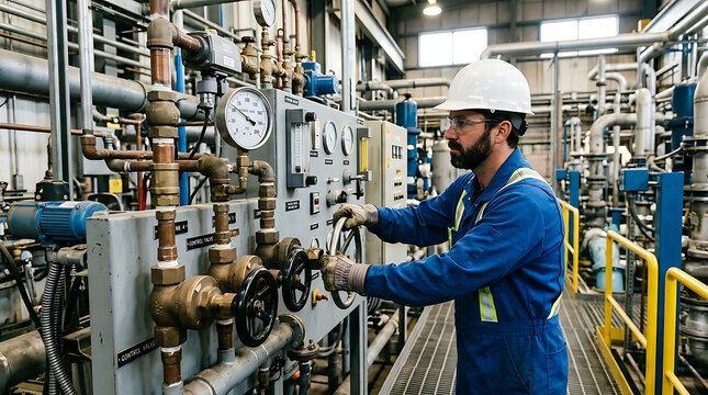 Industrial technician operating complex control panel in a manufacturing plant with safety gear and machinery