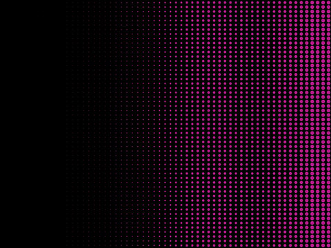 Abstract pink halftone dot gradient on a black background, featuring a regular arrangement of circular points that gradually increase in size and density toward the right side. Bold geometric texture 