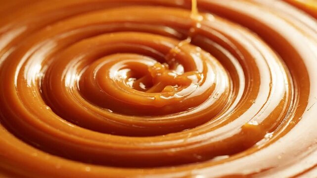 Thick golden caramel sauce swirling in a smooth spiral pattern with a glossy finish