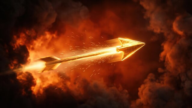 Glowing golden arrow flying through fire and dark smoke with dramatic light trails &mdash; Dussehra Vijayadashami symbolism, victory of good over evil and powerful abstract festival background