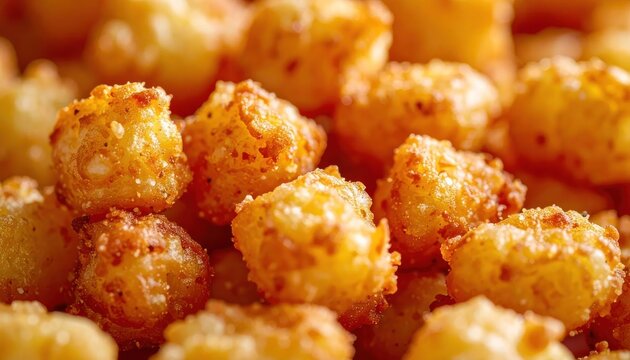 Delicious crispy golden fried tater tots macro view.