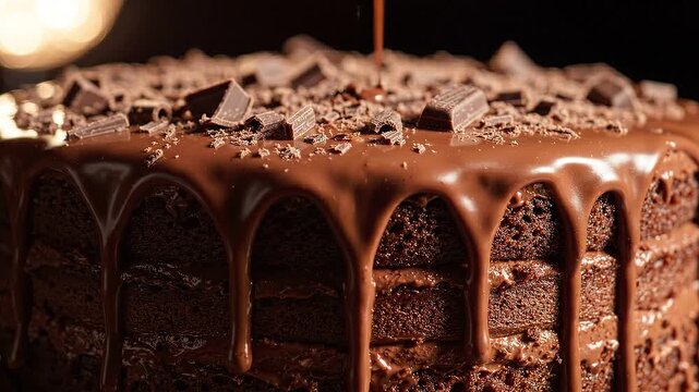 Decadent chocolate cake with rich melting glaze and chocolate chunks drizzled on top