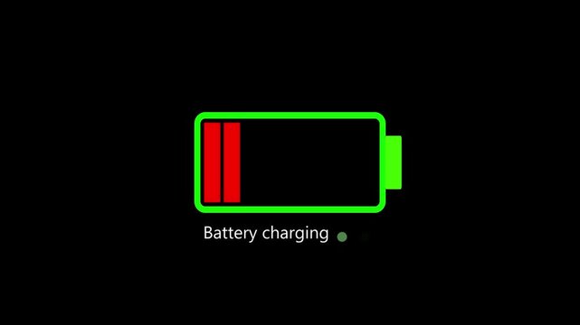 Animated battery icon charging from empty red to full green level. Flat electric power accumulator energy growth on black 4k