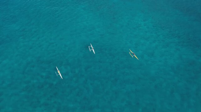 Aerial top down view of the sea surface with kayakers paddling in the sea