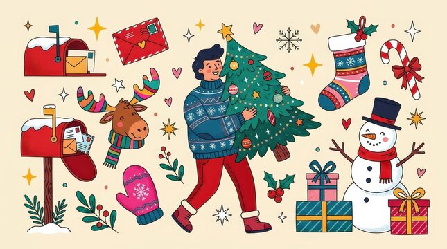 Hand Drawn Christmas Illustration Set with Man Carrying Tree Snowman Reindeer and Festive Holiday Elements