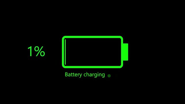 Animated battery icon charging from empty to full green level. Flat electric power accumulator energy growth on black 4k