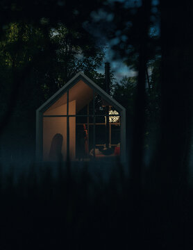 Illuminated recreational house by a lake surrounded by lush trees during sunset. 3D render.
