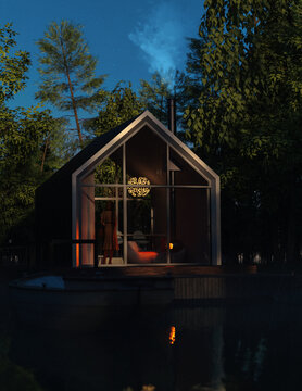 Illuminated recreational house by a lake surrounded by lush trees during sunset. 3D render.