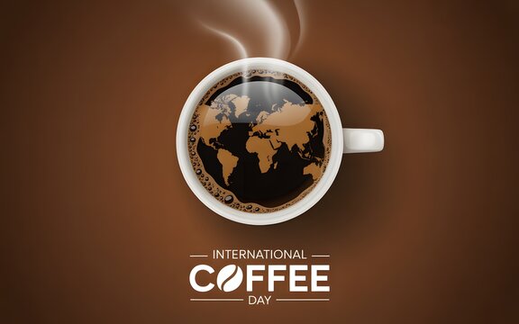 International coffee day with a steaming cup and a map in coffee liquid