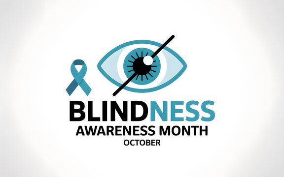 Blindness awareness month featuring a stylized eye symbol and a teal awareness ribbon
