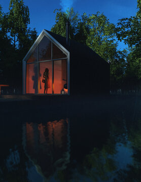 Illuminated recreational house by a lake surrounded by lush trees during sunset. 3D render.