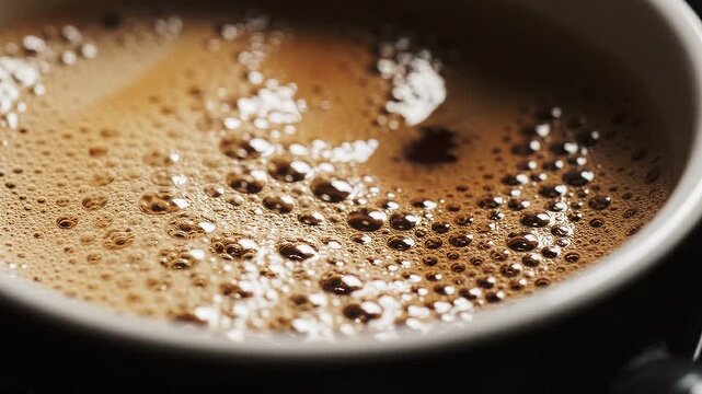 Close-up of rich espresso foam bubbles in a dark cup with creamy texture
