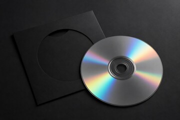 Fototapeta premium Silver disk next to black sleeve on dark gray surface