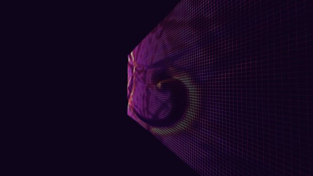 Glowing purple perspective grid warping inward in a 3D render illustrating psychological trauma, depression, and mental distortion