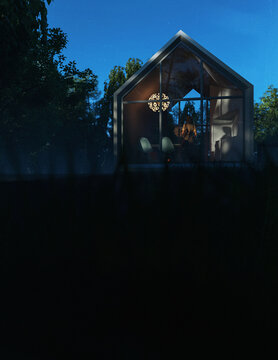 Illuminated recreational house by a lake surrounded by lush trees during sunset. 3D render.