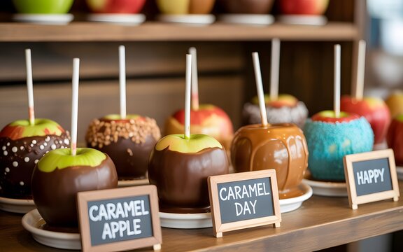 Delicious caramel apples coated in chocolate and toppings displayed on a wooden shop shelf