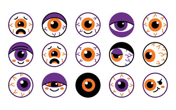 Set of cute cartoon eyeballs with various expressions for a fun and spooky halloween party decoration design