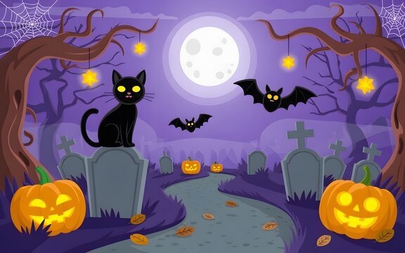 Halloween night featuring a graveyard with a black cat and glowing pumpkins jack o lantern
