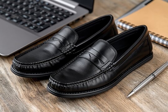 Sleek Black Loafers on Wooden Desk Surface