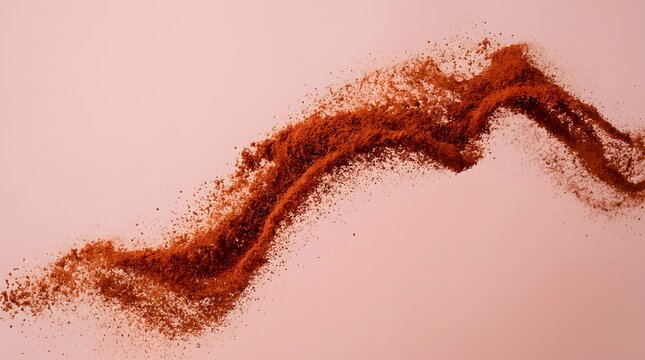 Vibrant red spice powder exploding in mid-air creating dynamic textured waves captured with high speed photography on soft pink background