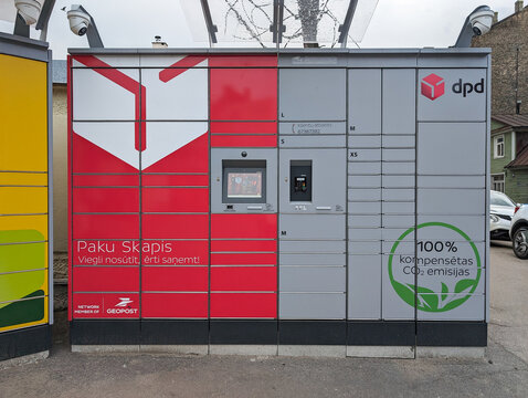 DPD automated parcel lockers on the street in Riga, Latvia.