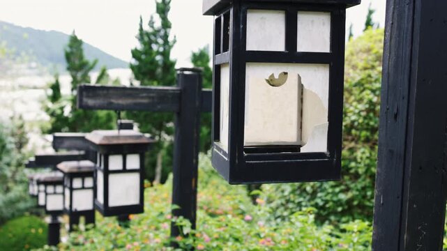 Old japanese style lantern with broken glass hanging in a row along a verdant garden path, highlighting concepts of abandonment, decay, and the passage of time in a serene natural setting