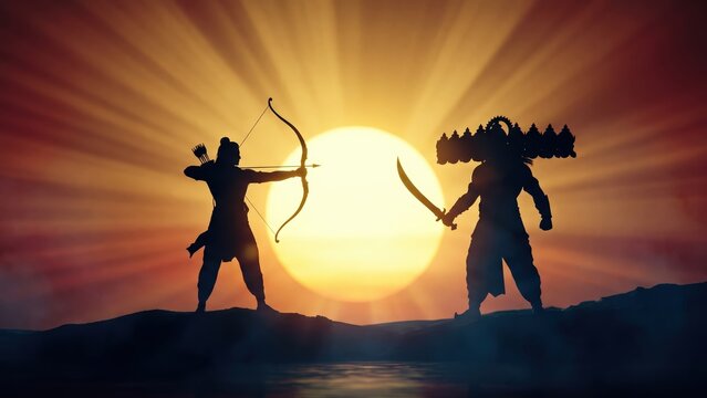 Lord Ram and ten-headed Ravana facing each other in a dramatic sunset silhouette duel &mdash; Dussehra Vijayadashami Ramayana theme, Hindu mythology and victory of dharma over adharma