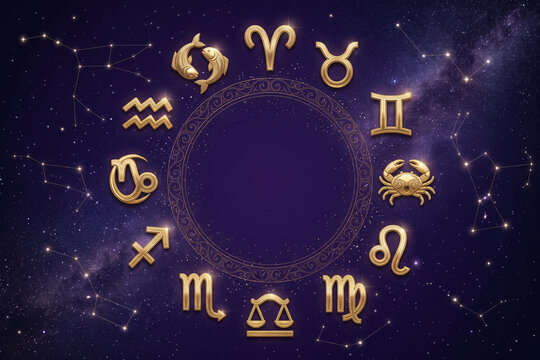 Golden Western Zodiac Symbols with Astrology Circle on Purple Galaxy