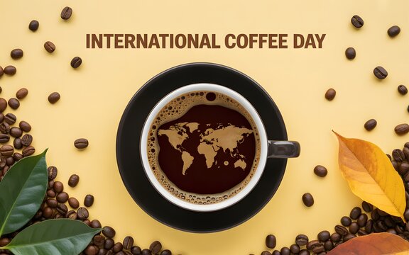 International coffee day celebration with a cup of coffee featuring a map pattern