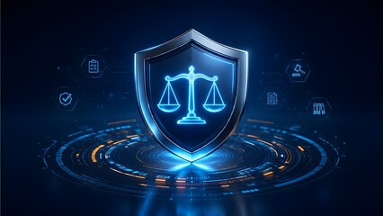 Fototapeta premium Futuristic Glowing Blue Shield with Scales of Justice Representing Legal Protection and Cybersecurity