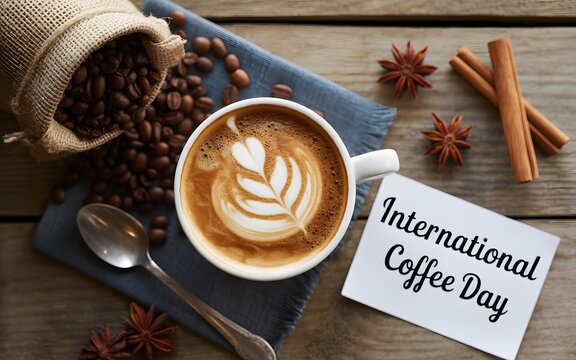 International coffee day concept with latte coffee beans, and cinnamon on wood table