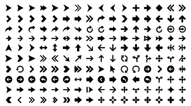 A comprehensive collection of black arrow icons and symbols pointing in various directions and styles, suitable for user interfaces and graphic design.