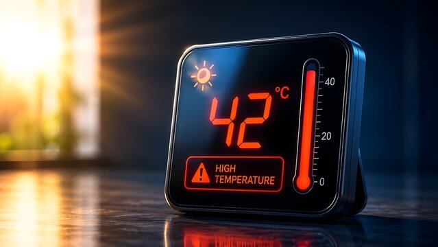 Smart Home Digital Thermometer Showing 42 Degrees Celsius High Temperature with Sunlight Background