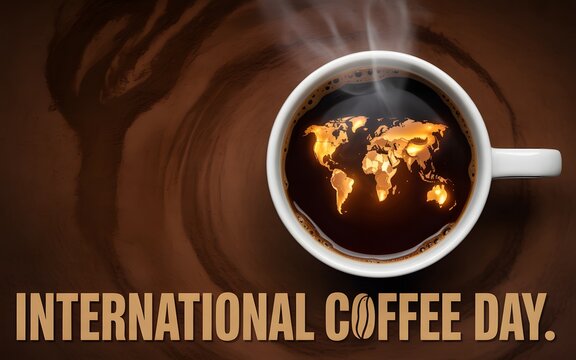 International coffee day poster with a steaming cup featuring a glowing map