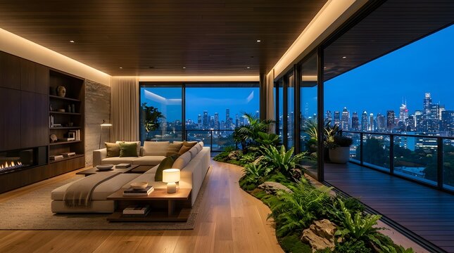 Modern luxury living room interior with floor to ceiling windows overlooking a glowing city skyline at night