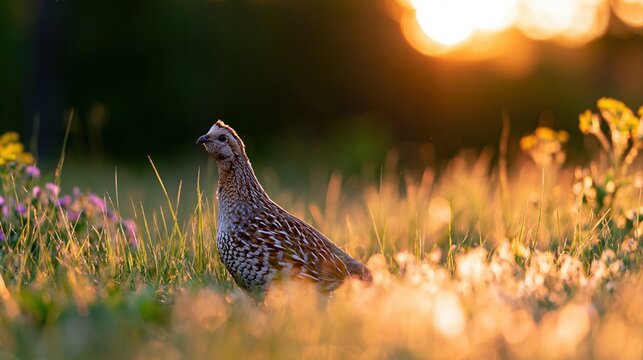 Spotted bobwhite quail in golden hour meadow