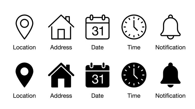 Set of outline and filled vector icons representing location, address, date, time, and notification for web and app interfaces.