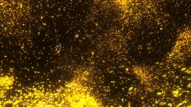 Golden particles swarm through a dark void in a dynamic 3D animation representing manic energy, chaotic thoughts, and cognitive overload for medical motion graphics