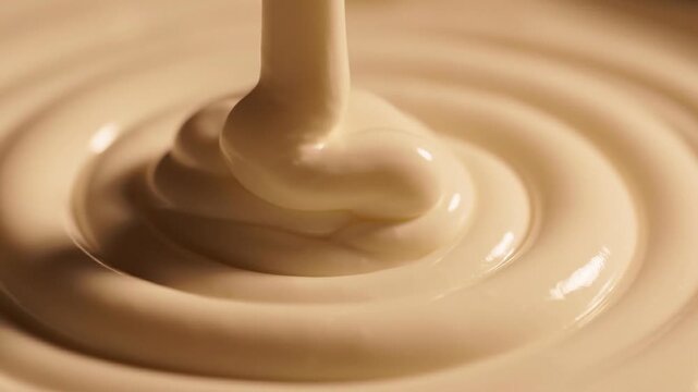 Thick creamy caramel sauce swirling in a smooth circular motion on a surface