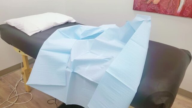 Medical examination table with blue disposable paper sheet and white pillow