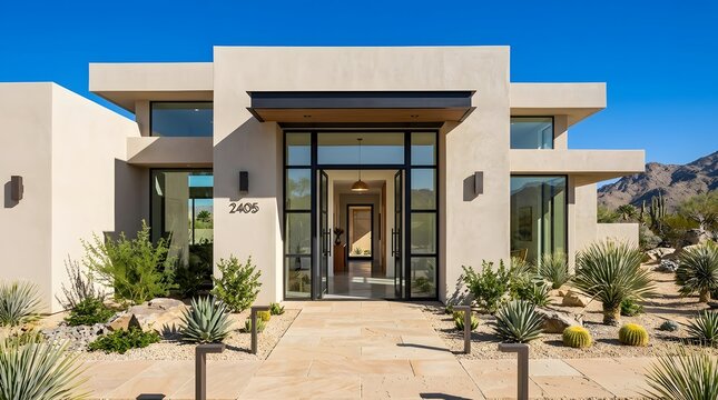 Modern luxury desert home exterior with large glass entryway and desert landscaping under a clear blue sky