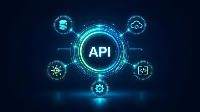 Abstract Application Programming Interface Concept with Glowing API Hub Connecting Software Development Icons
