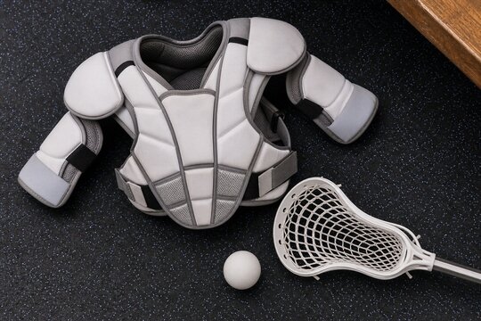 Top view of lacrosse protective gear with ball and stick