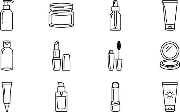 Cosmetics and beauty products icons set makeup outline vector illustration