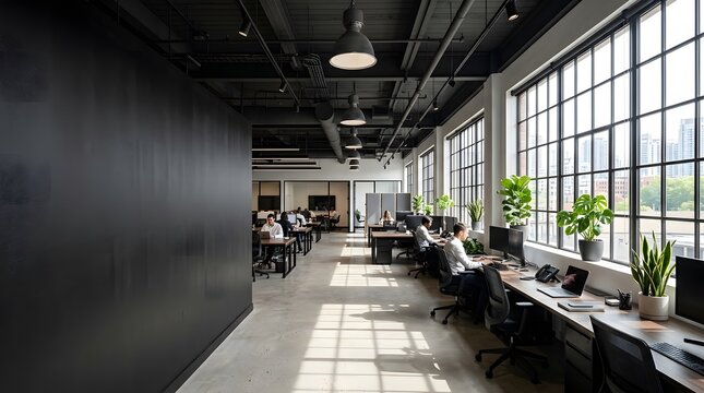 Modern industrial style open plan office interior with large windows and natural light during the day