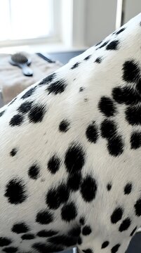 Close-up of spotted dog fur with black patches on white coat, resting