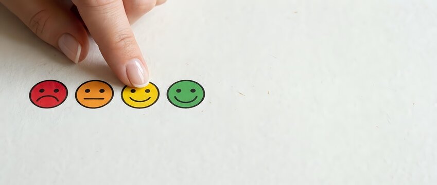 Hand selecting happy yellow smiley face emoji from row of sad to happy
