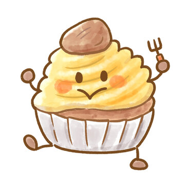 Cute Mont Blanc chestnut cake character holding a fork watercolor illustration