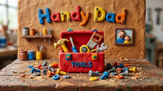 Clay art Father's Day greeting with Handy Dad text, red toolbox filled with toy tools, workshop scene, screws, bolts, family portrait, and DIY home improvement theme.