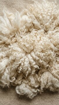Raw sheep wool fleece piled on a rustic woven fabric surface. Close up view of natural textile fibers representing agribusiness production.